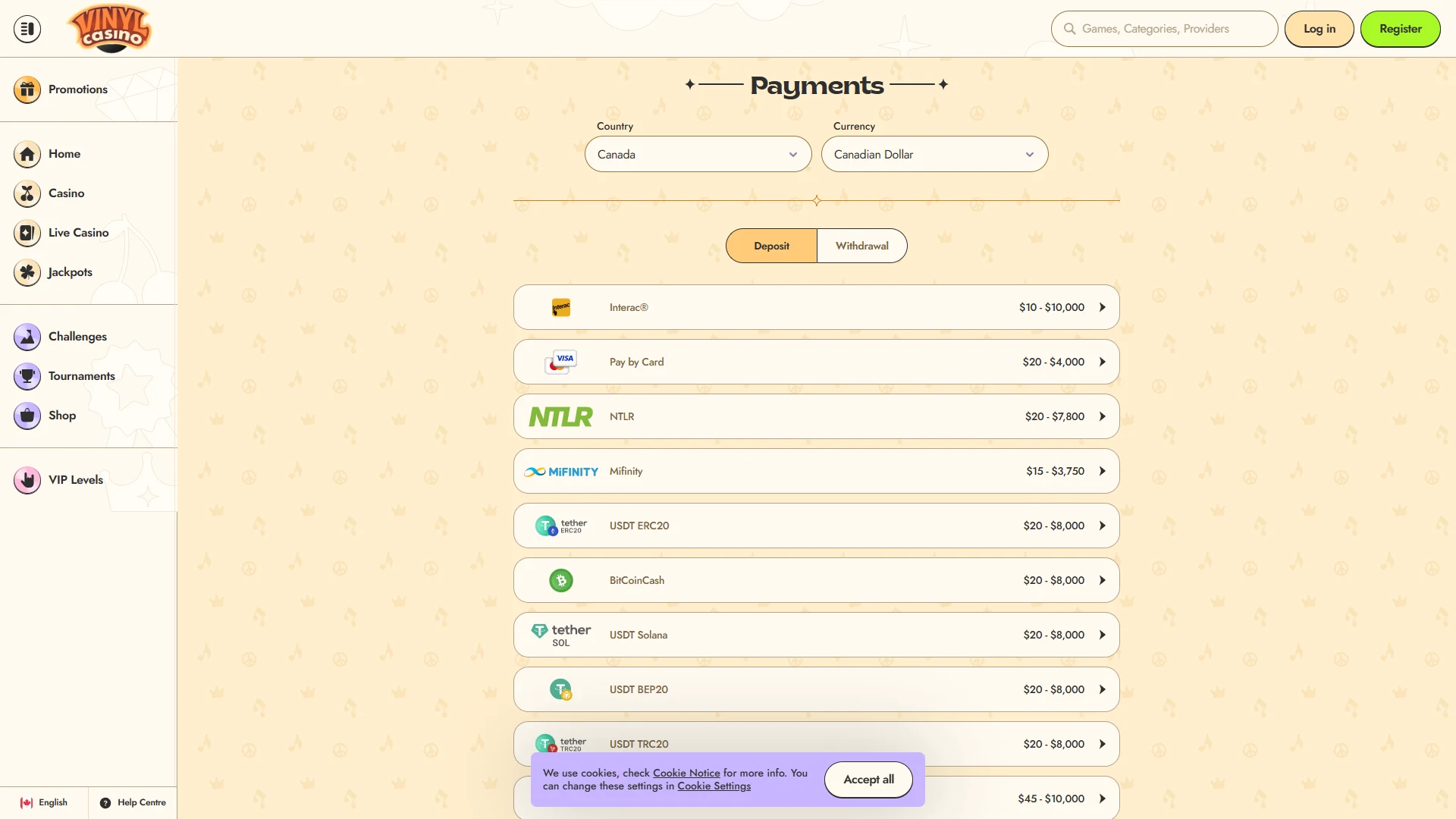 Vinyl Casino payment methods